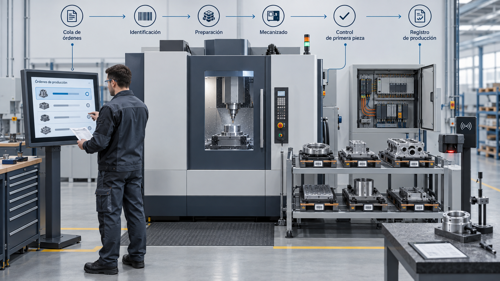 Célula de mecanizado flexible con órdenes digitales, identificación de pallets, control y registro de producción